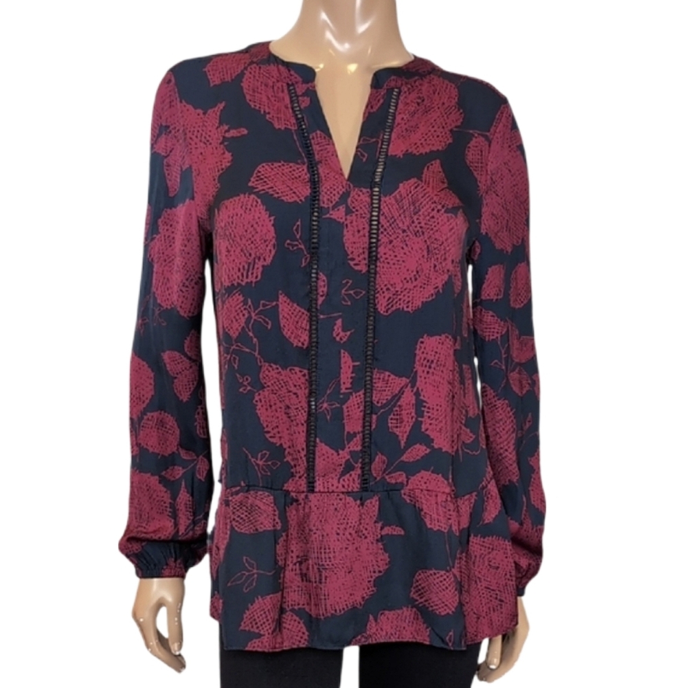 Joe Fresh Romantic Floral Peplum Blouse Red Black Peplum Long Sleeve Top